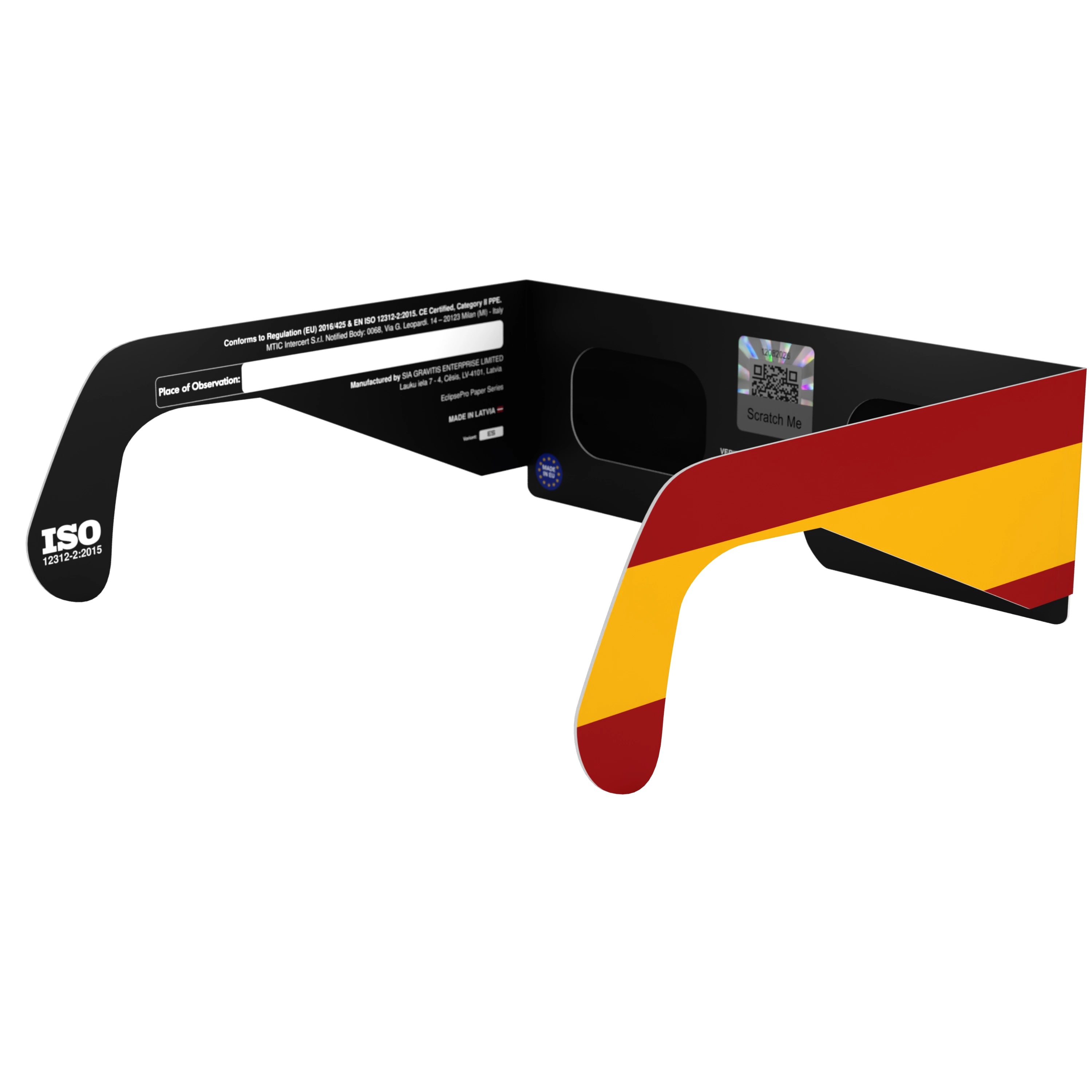 135-degree angle view of ES glasses with QR authenticity sticker visible, displaying the design.