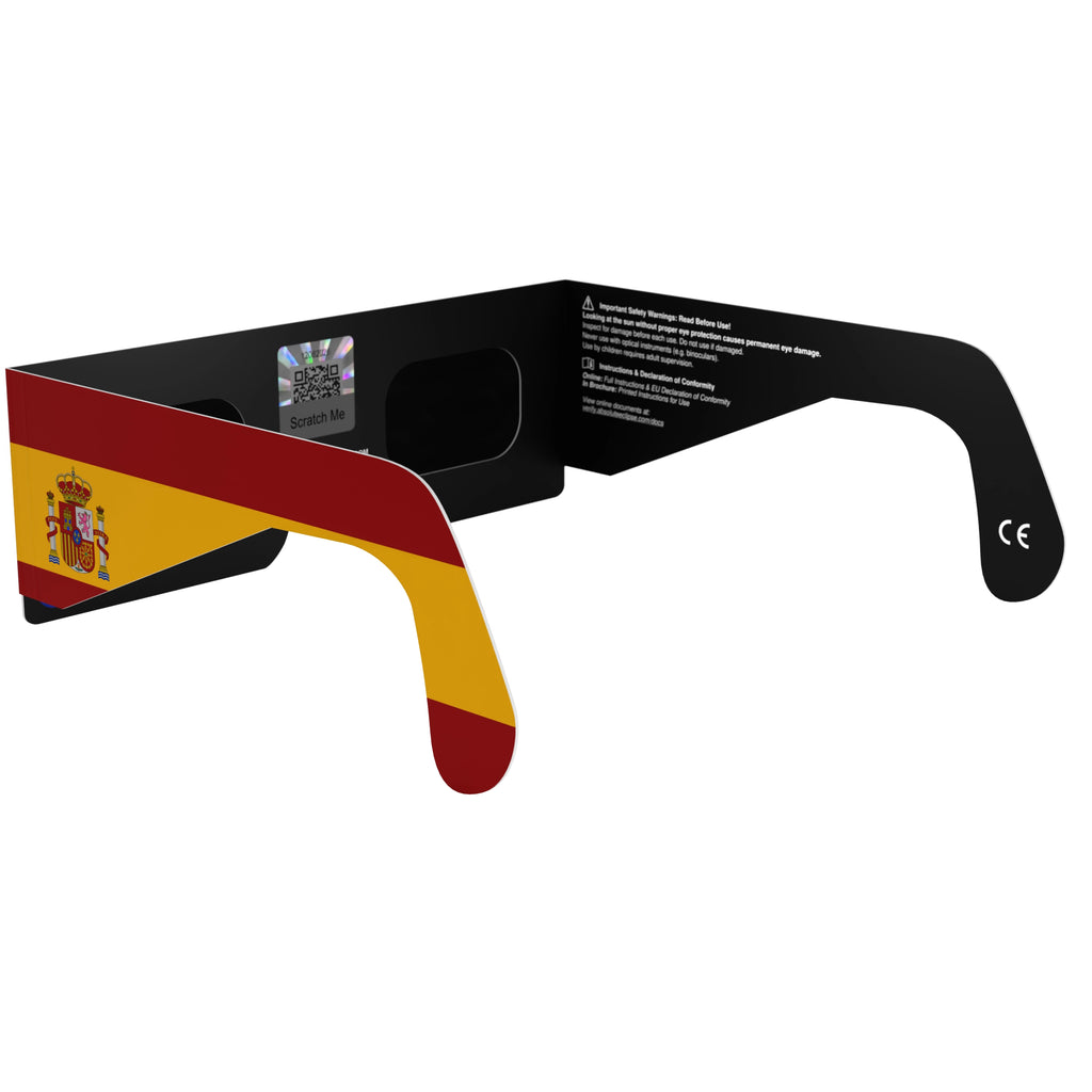 Back-side angle of ES eclipse glasses featuring QR authenticity sticker, highlighting the design.