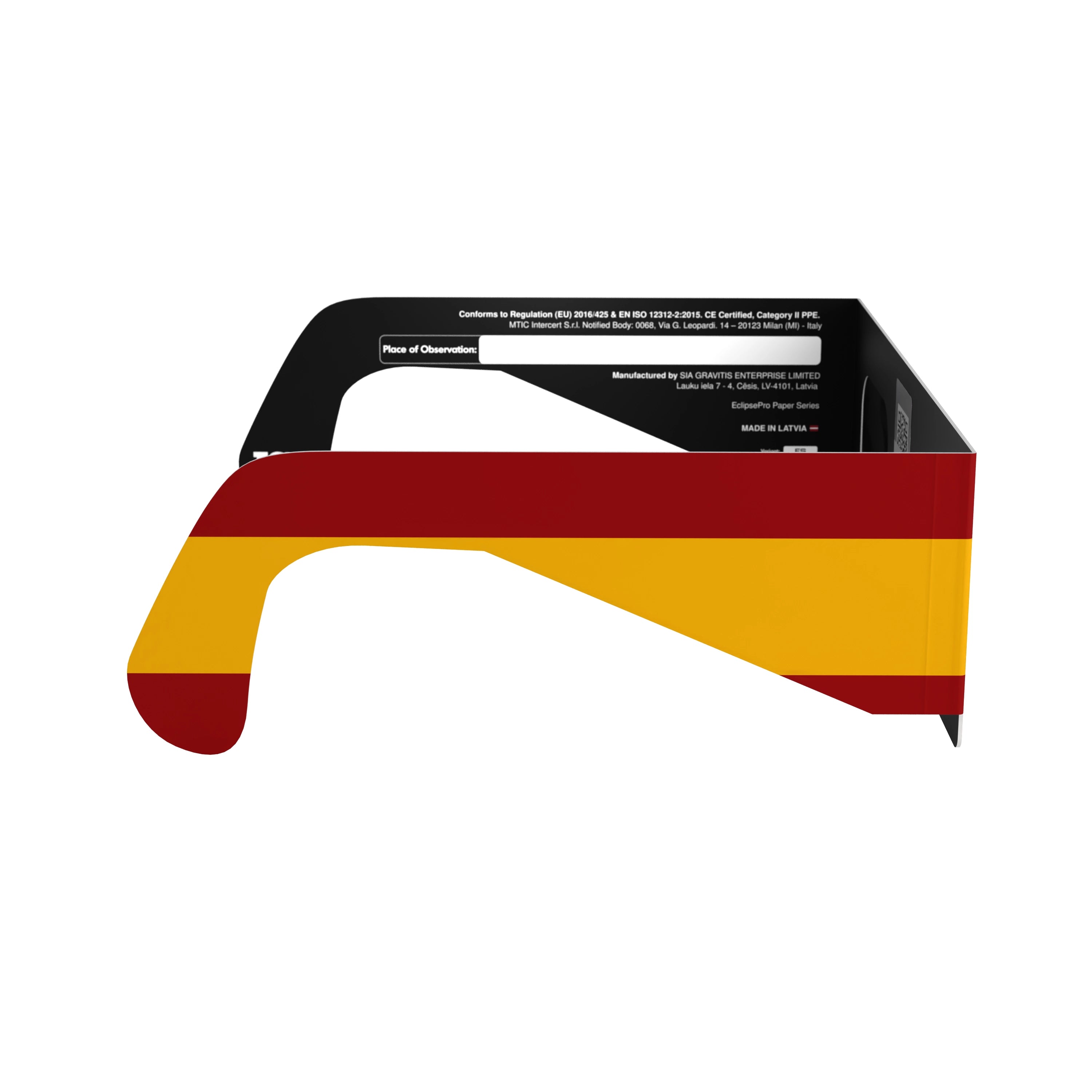 Side profile view of ES eclipse glasses, illustrating the lens clarity and overall design.