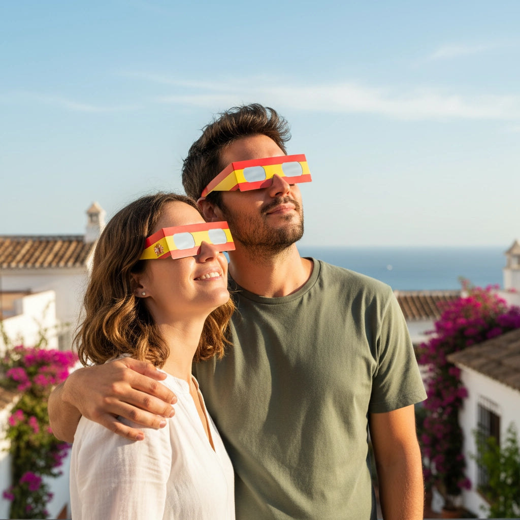 Romantic couple enjoying a sunny day on a balcony in Spain, both wearing ES eclipse glasses and gazing at the sky. CE certified.