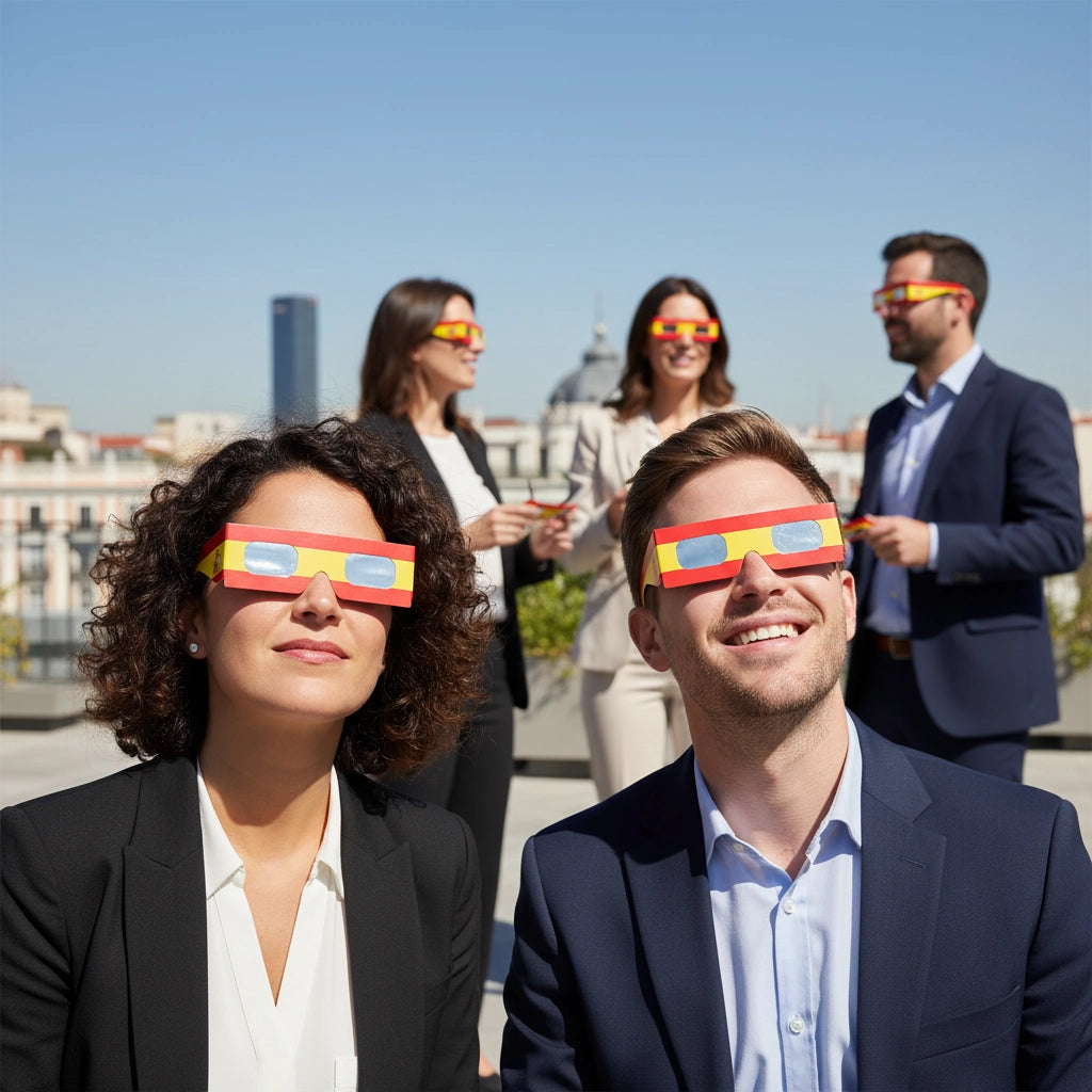 Professionals gathered on a rooftop in Madrid, wearing ES eclipse glasses, enjoying a corporate viewing event under a clear sky. CE certified.