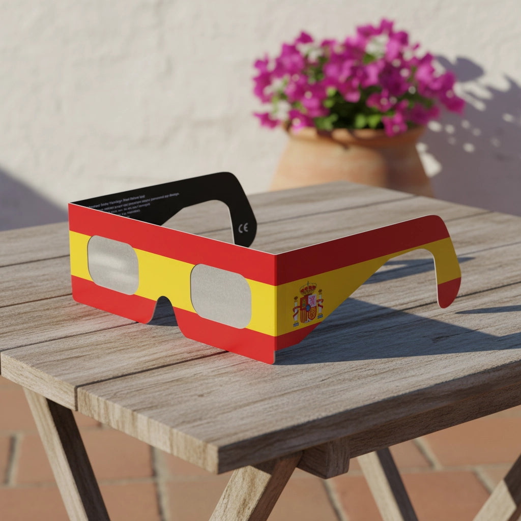 High-detail still life of ES solar eclipse glasses on a sun-bleached wooden table in Spain. ISO 12312-2 certified.