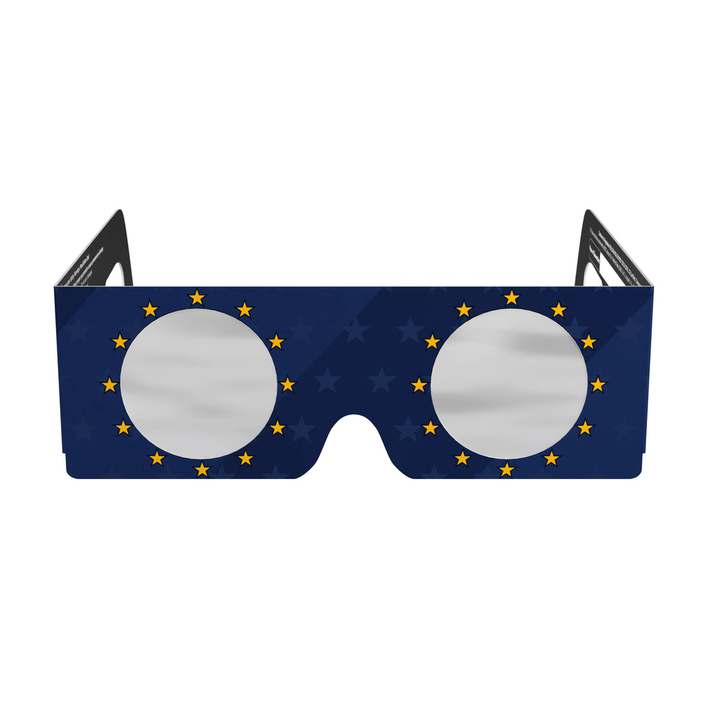 Front view of EU design solar eclipse glasses, showcasing clean lines and QR authenticity sticker.