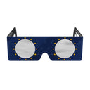 Vista frontal de las gafas para eclipse solar diseño EU, mostrando líneas limpias y la pegatina QR de autenticidad.