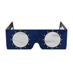 Front view of EU design solar eclipse glasses, showcasing clean lines and QR authenticity sticker.