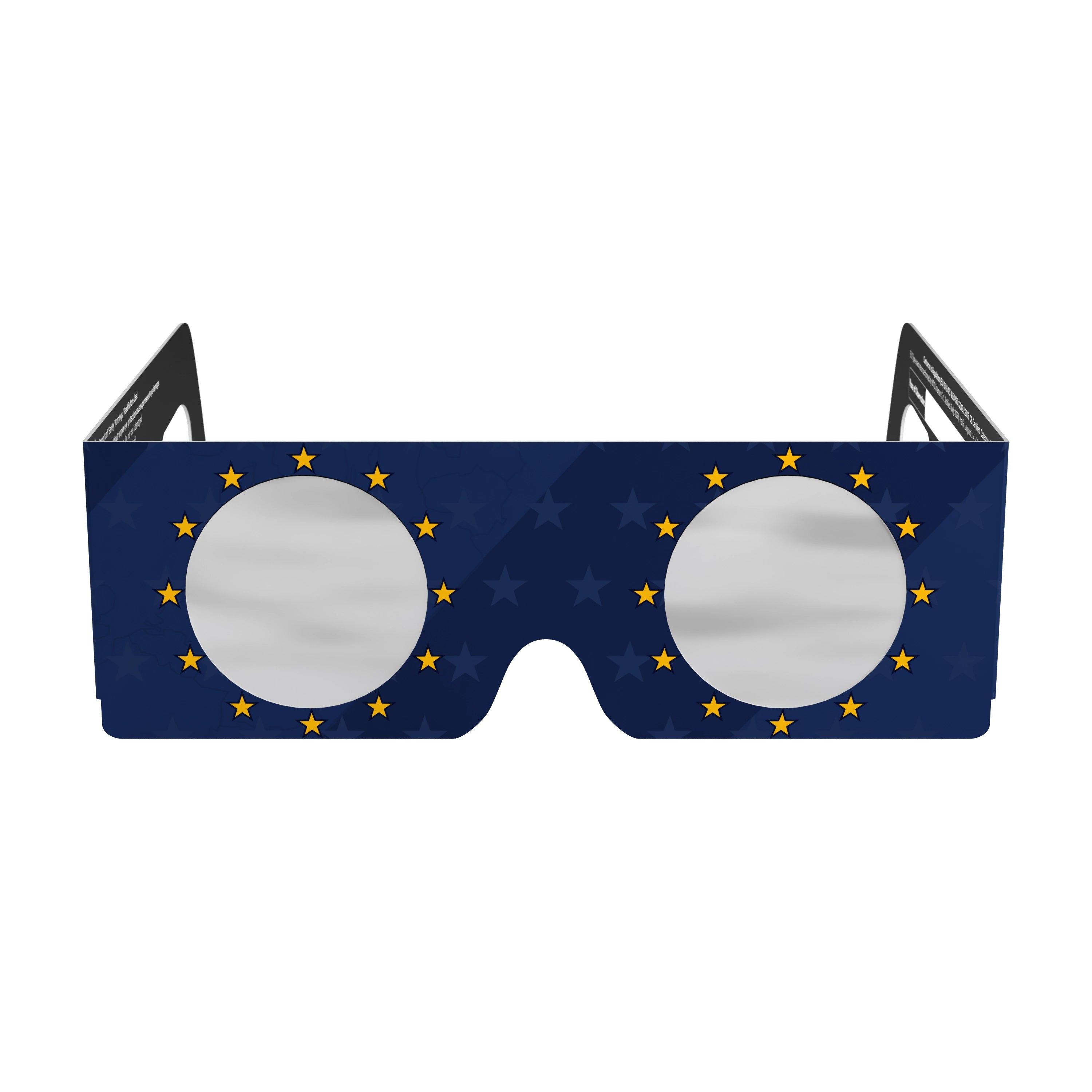 Front view of EU design solar eclipse glasses, showcasing clean lines and QR authenticity sticker.