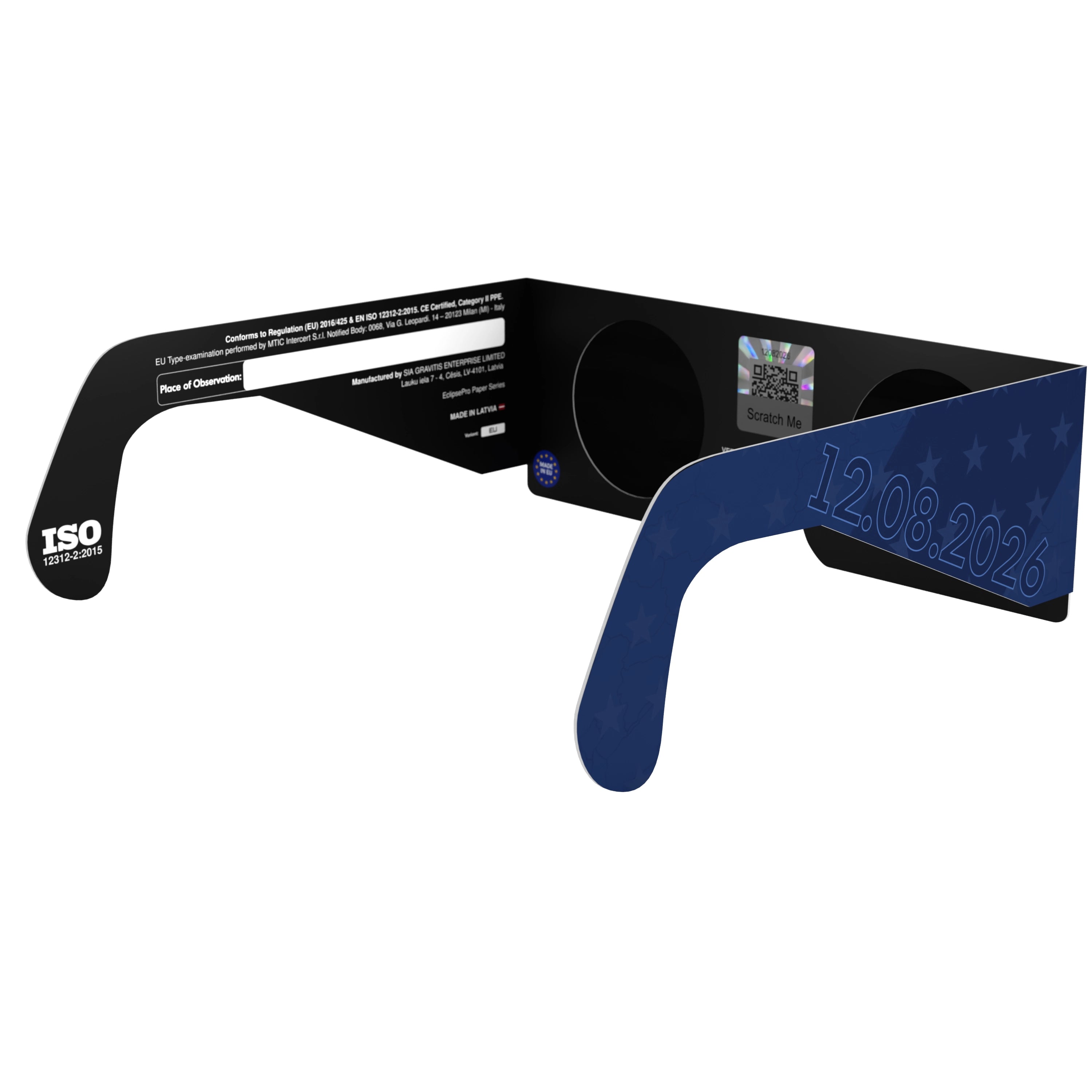 Back-side angle view of EU design glasses, with QR authenticity sticker visible for assurance.