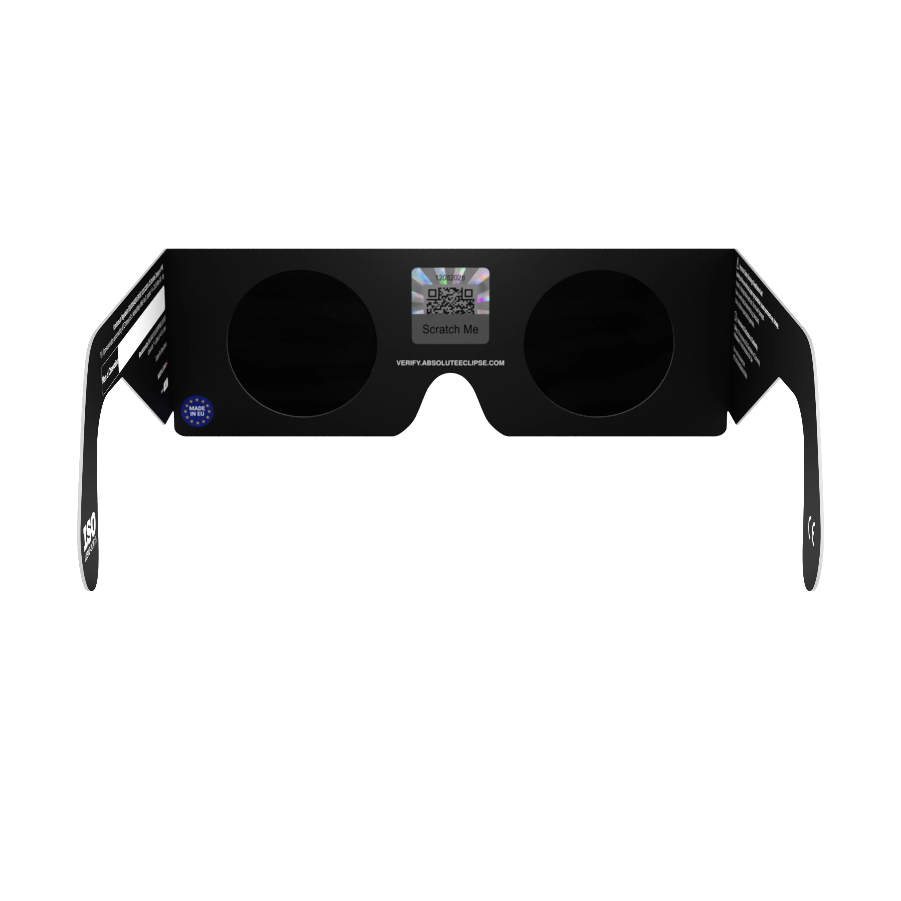 Back view of EU design eclipse glasses, featuring the QR sticker to verify authenticity.