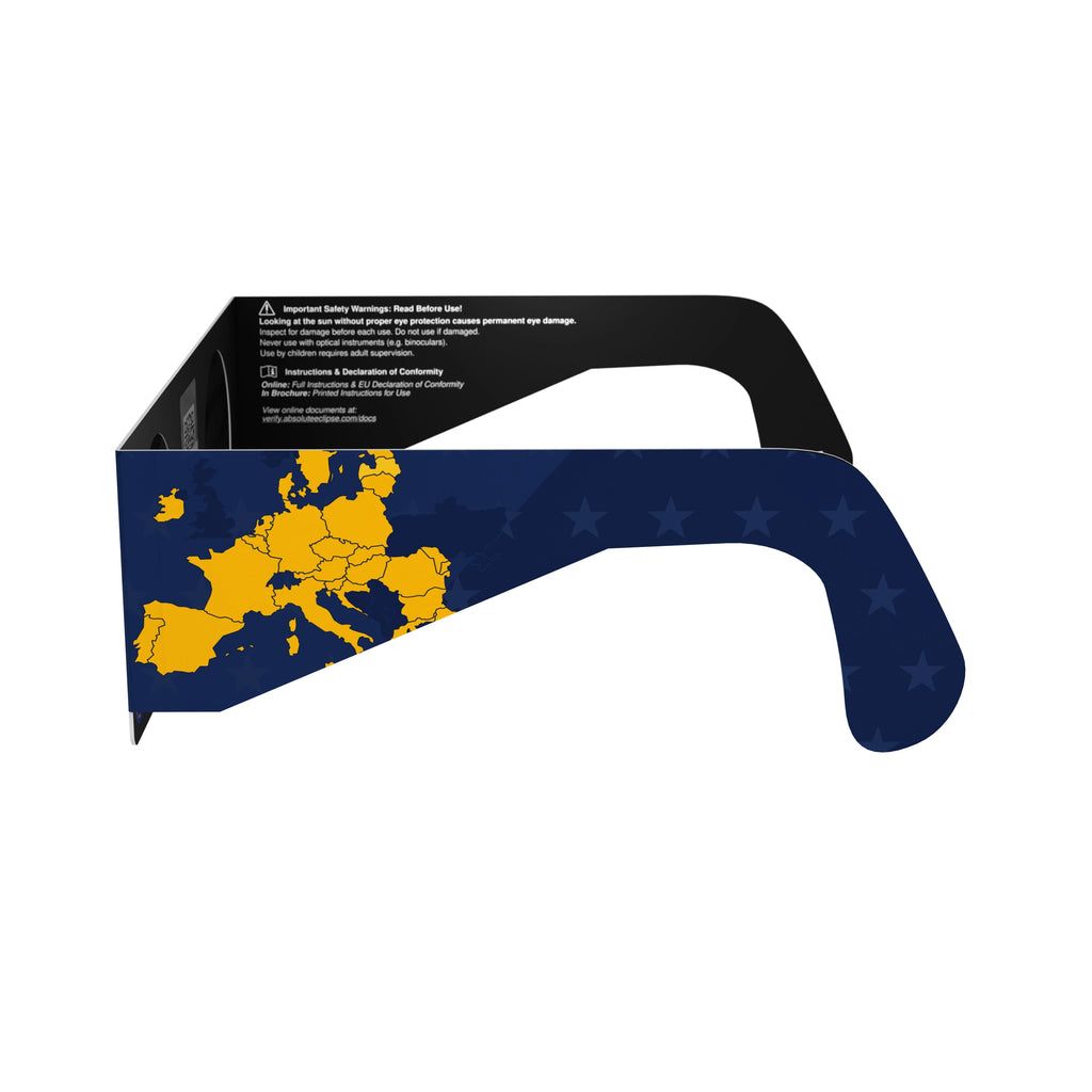 Side alternate profile view of EU design solar eclipse glasses, displaying their elegant design.