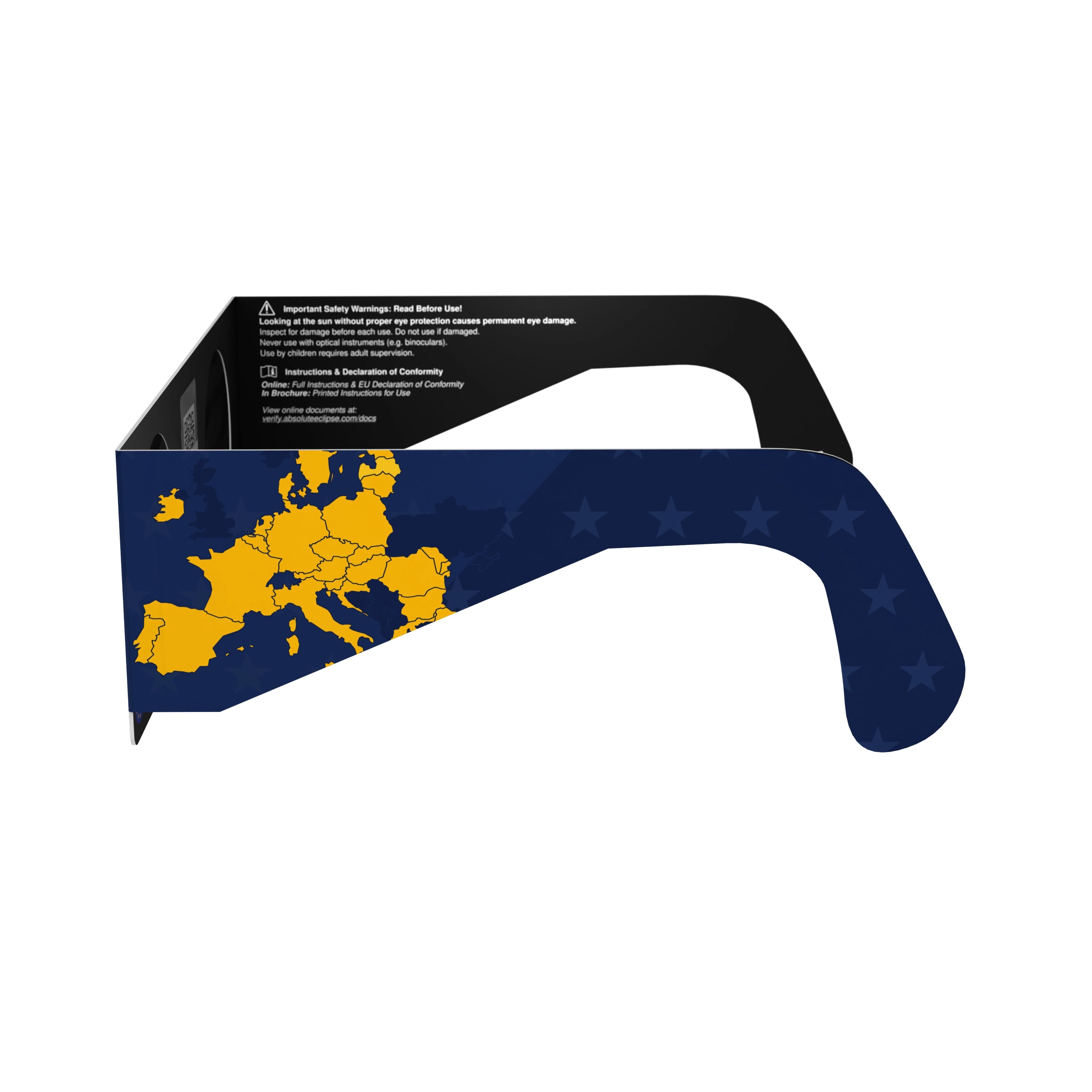 Side alternate profile view of EU design solar eclipse glasses, displaying their elegant design.