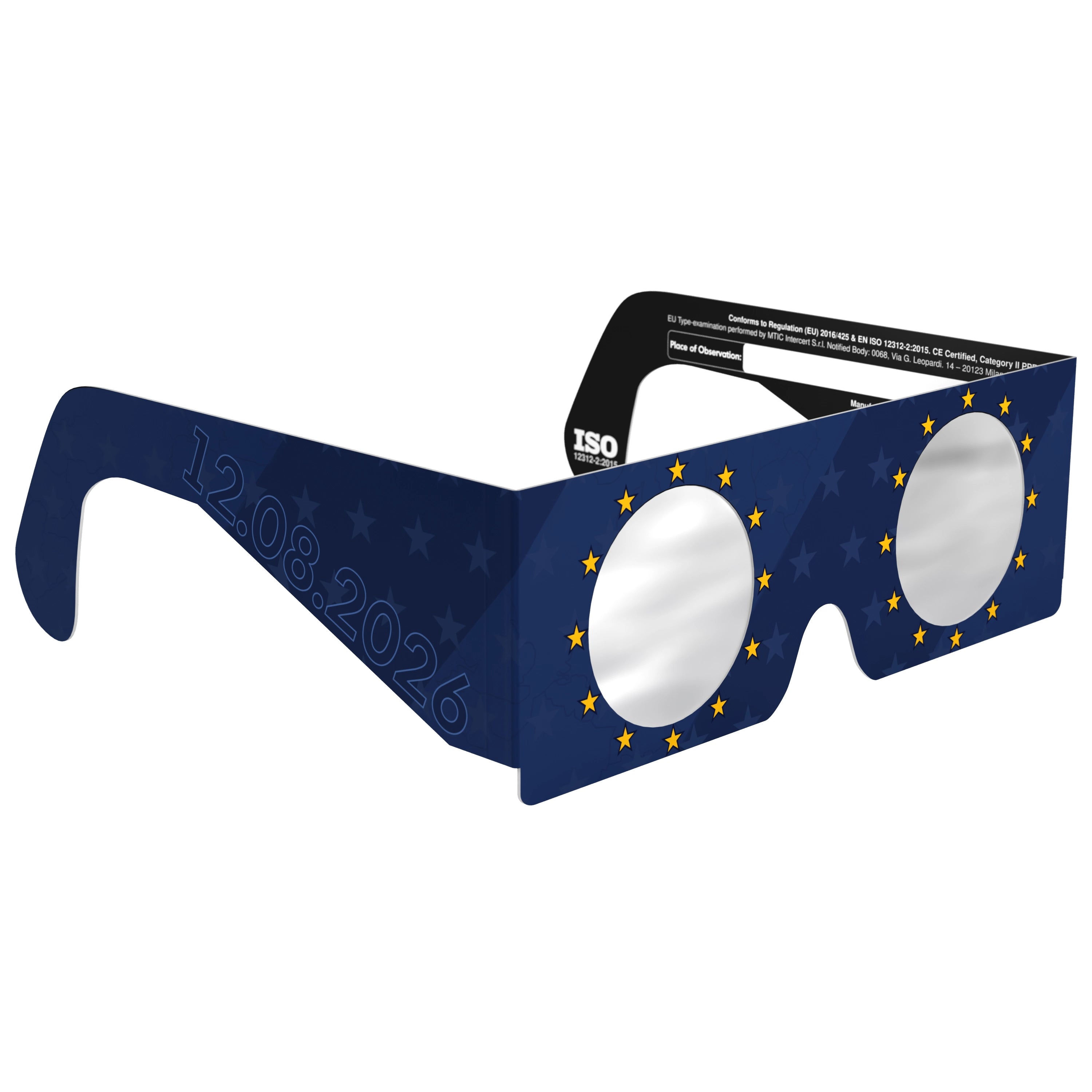 Front-side angle view of EU design eclipse glasses, highlighting their sleek design and safety features.
