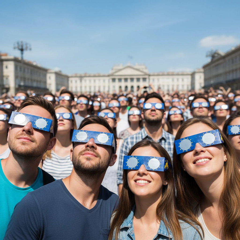 Vibrant crowd in a European plaza, all wearing EU design glasses and looking up at the sunny sky.