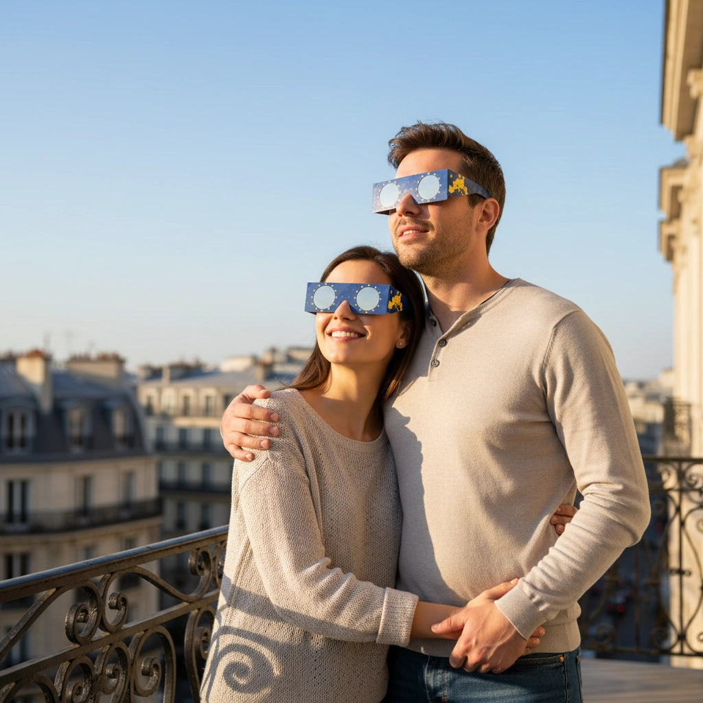 Romantic couple on a Parisian balcony, wearing EU design glasses, gazing at the clear sky with awe.