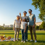 Diverse family enjoying a picnic, wearing EU design eclipse glasses, all looking up at the beautiful sky.