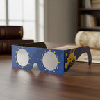 Elegant showcase of EU design solar eclipse glasses on a polished oak table, CE certified for safe viewing.