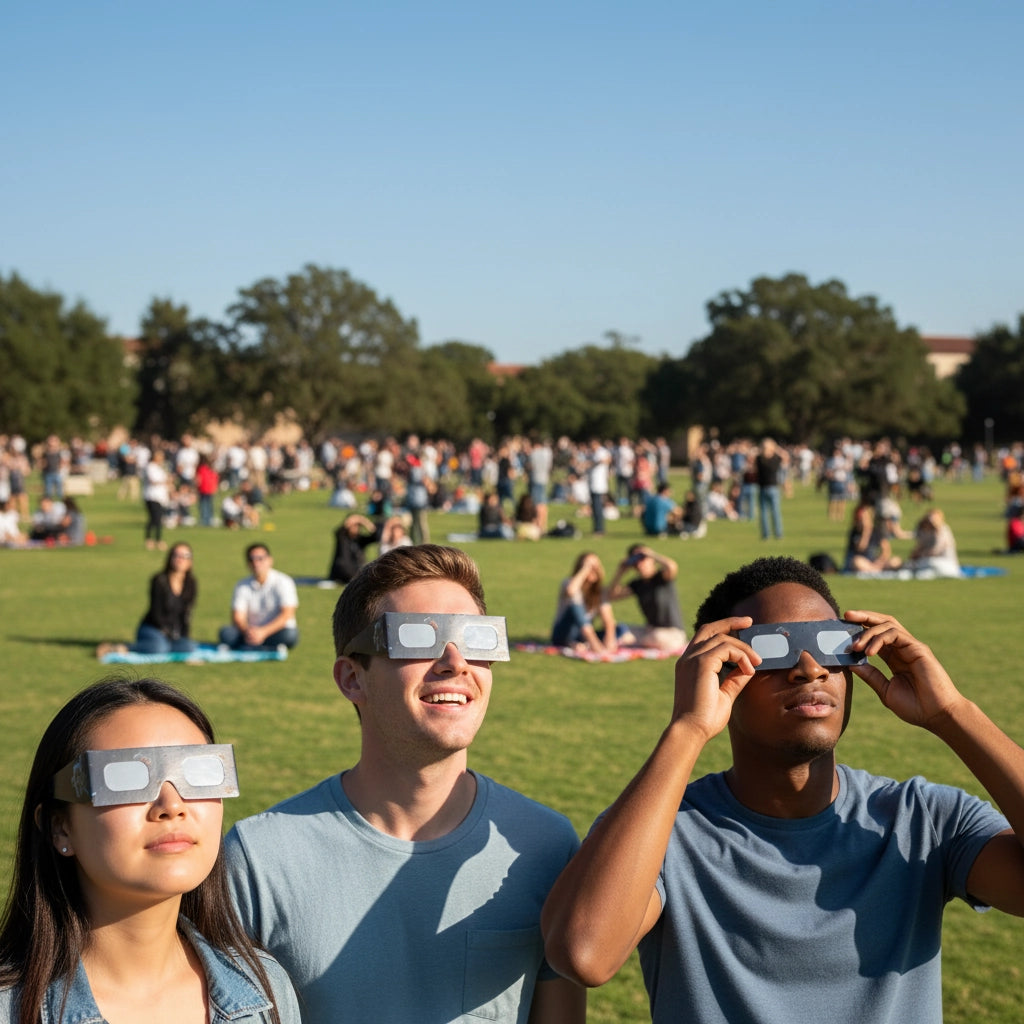 Students at a university quad, wearing EVA glasses and looking up during a public viewing event on a sunny day.