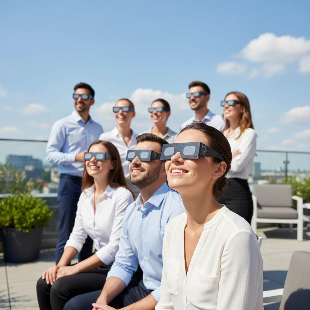 Corporate team on a rooftop terrace, wearing EVA eclipse glasses, enjoying a sunny day and sharing a celestial experience.