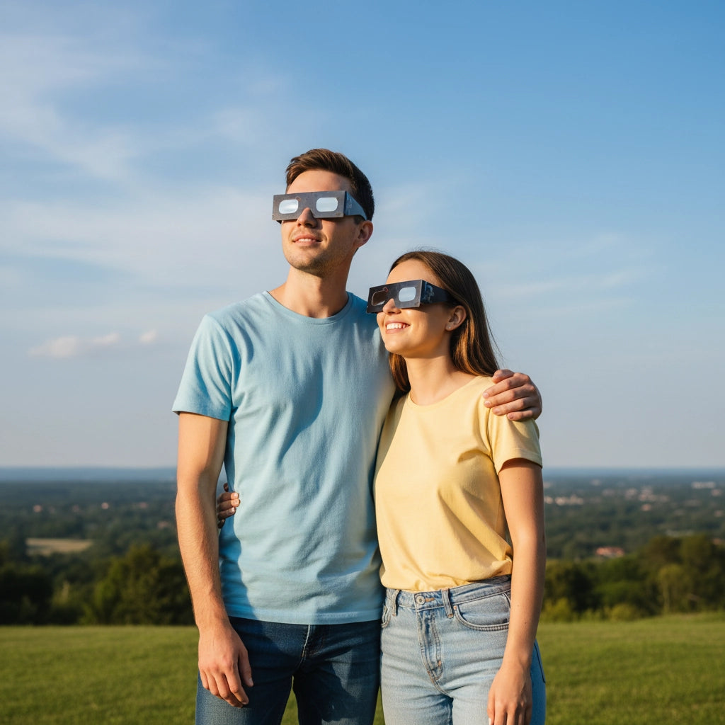 A young couple outdoors, wearing EVA eclipse glasses while gazing at the clear sky, sharing a moment of wonder.