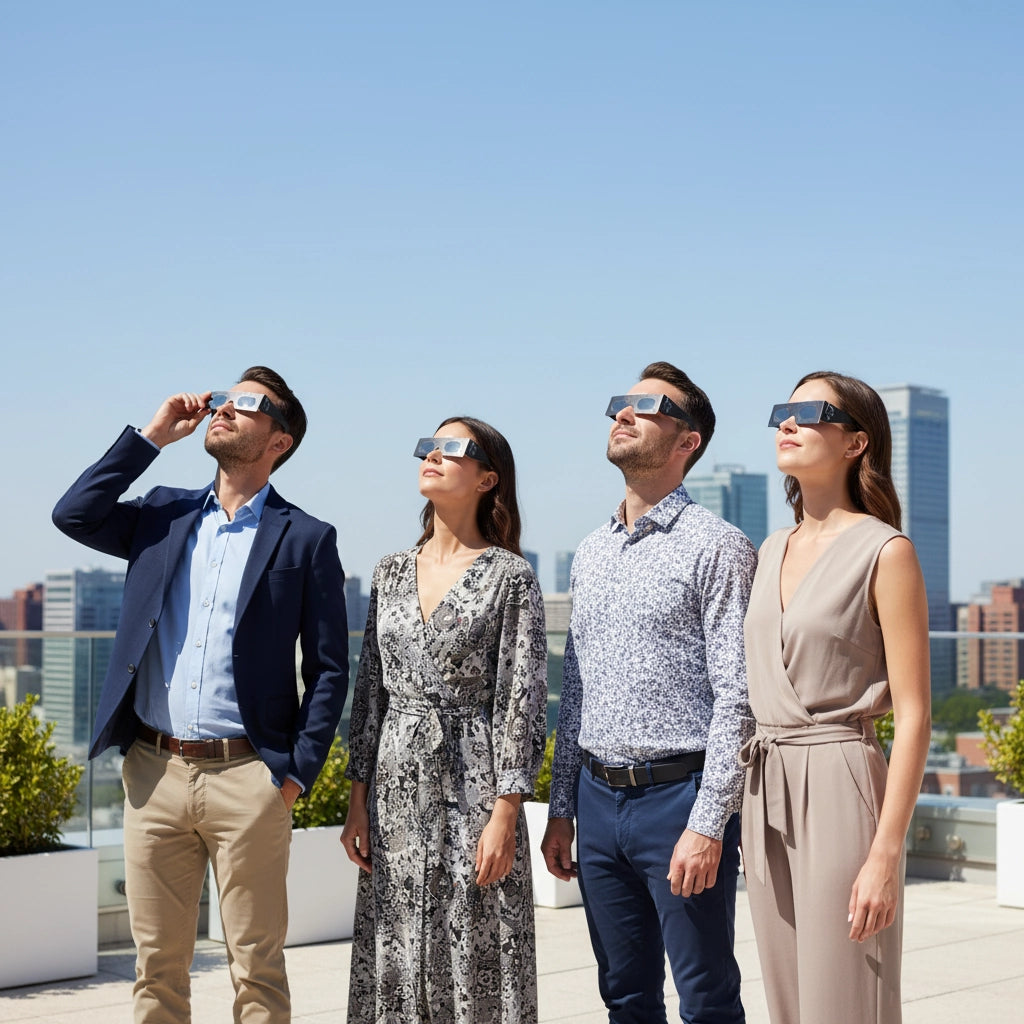 Colleagues on a corporate rooftop wearing EVA glasses, gazing at the sky under bright sunlight during a viewing event.