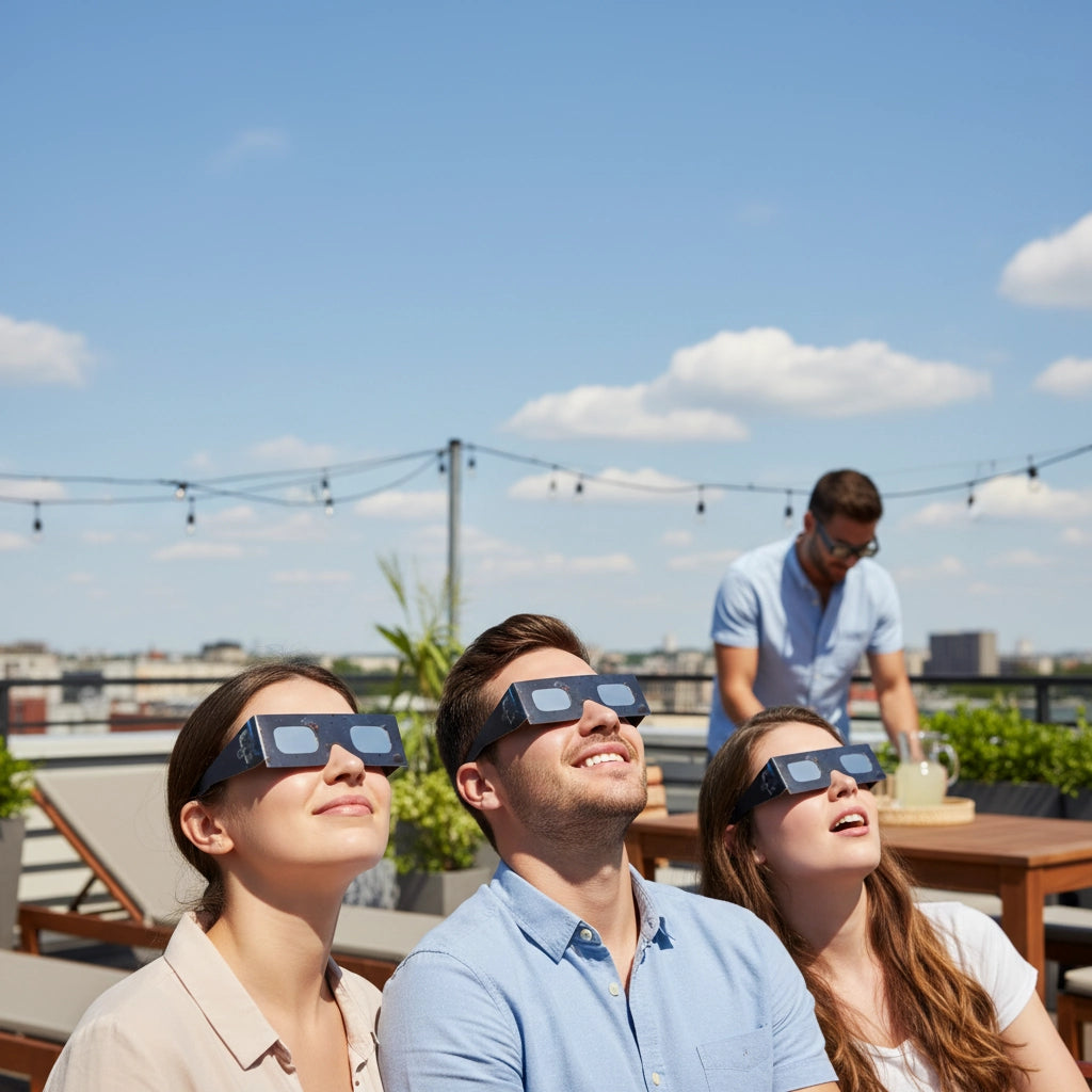 A group of friends on a rooftop wearing EVA glasses, looking up at the sky, capturing the joy of a sunny day.