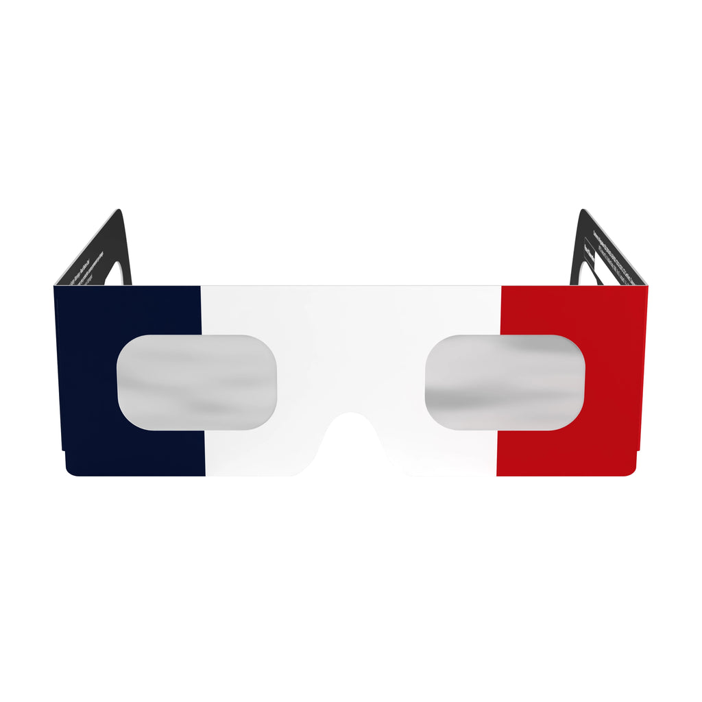 Front view of FR solar eclipse glasses, showcasing design and CE certification, perfect for safe solar viewing.