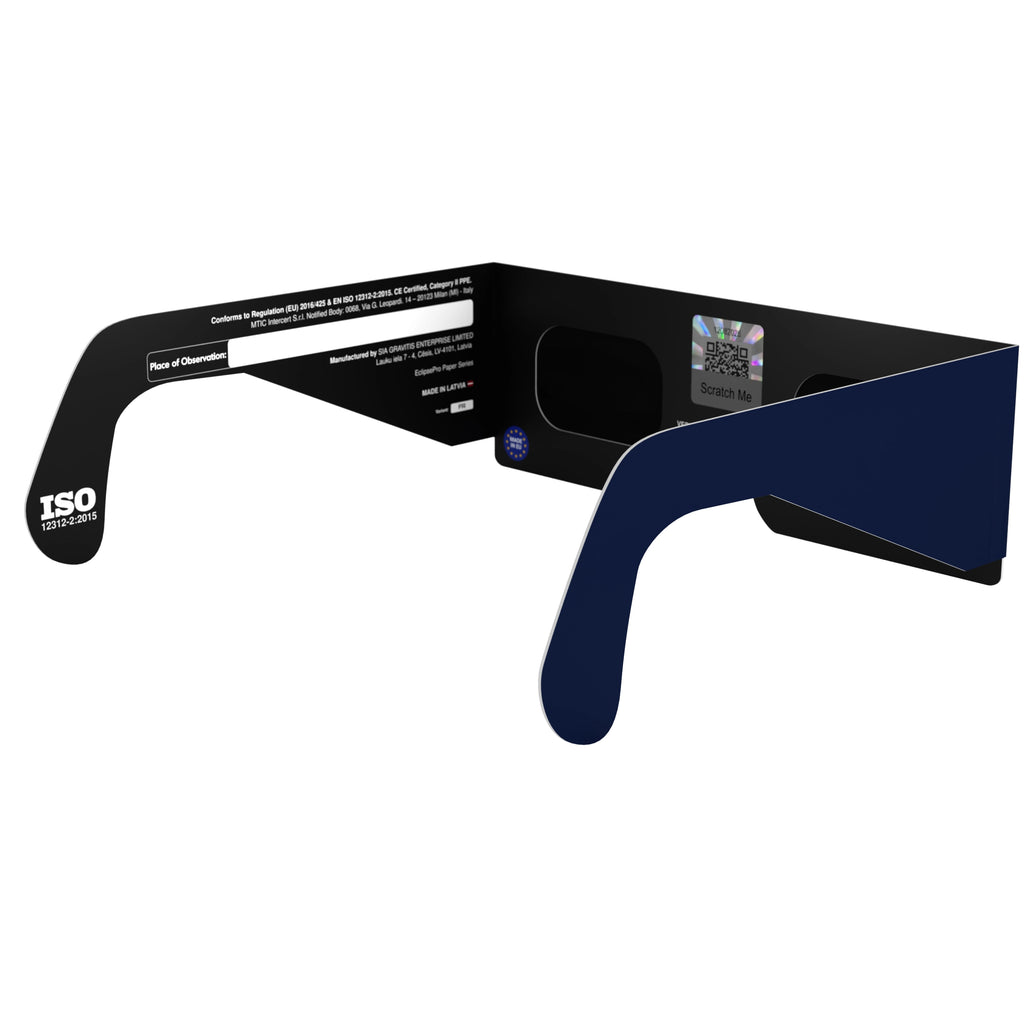 Back-side angle view of FR eclipse glasses, with QR authenticity sticker visible and showcasing their CE certification.