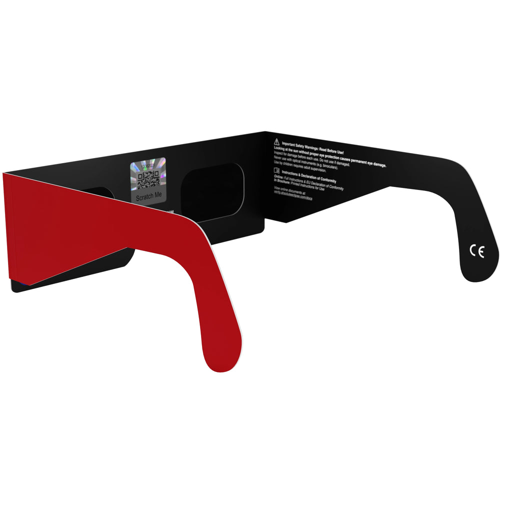 Back-side alternate angle view of FR eclipse glasses, highlighting the design with a QR sticker for authenticity.