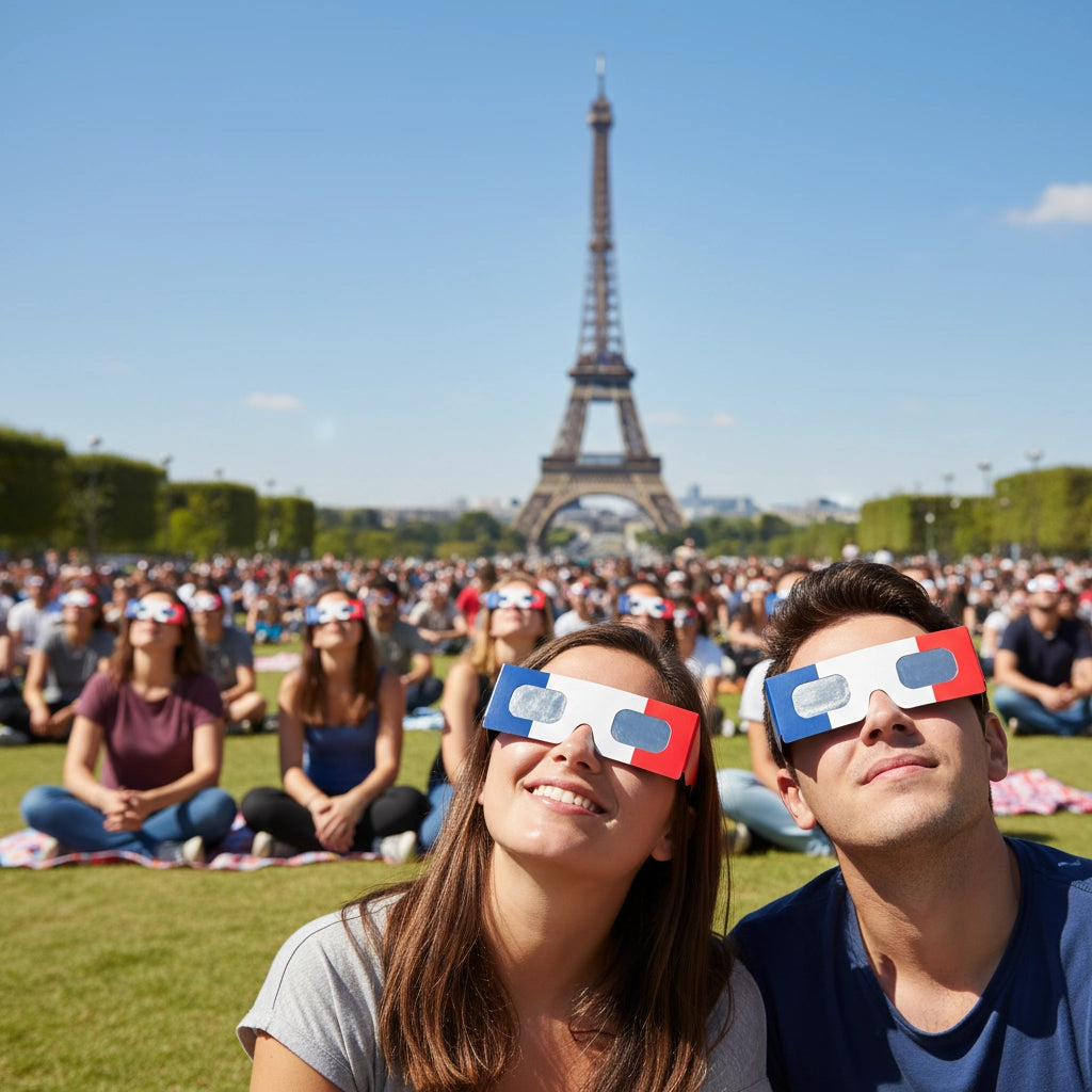 Diverse crowd on the Champ de Mars in Paris, all wearing FR eclipse glasses, creating a festive atmosphere under a clear sky.