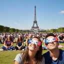 Multitud diversa en el Campo de Marte de París, todos con gafas para eclipse solar FR, creando un ambiente festivo bajo un cielo despejado.