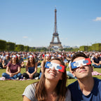 Diverse crowd on the Champ de Mars in Paris, all wearing FR eclipse glasses, creating a festive atmosphere under a clear sky.