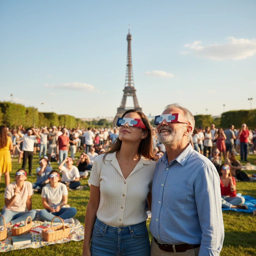 Community gathering in a Paris park, diverse crowd wearing FR eclipse glasses, celebrating together on August 12, 2026.