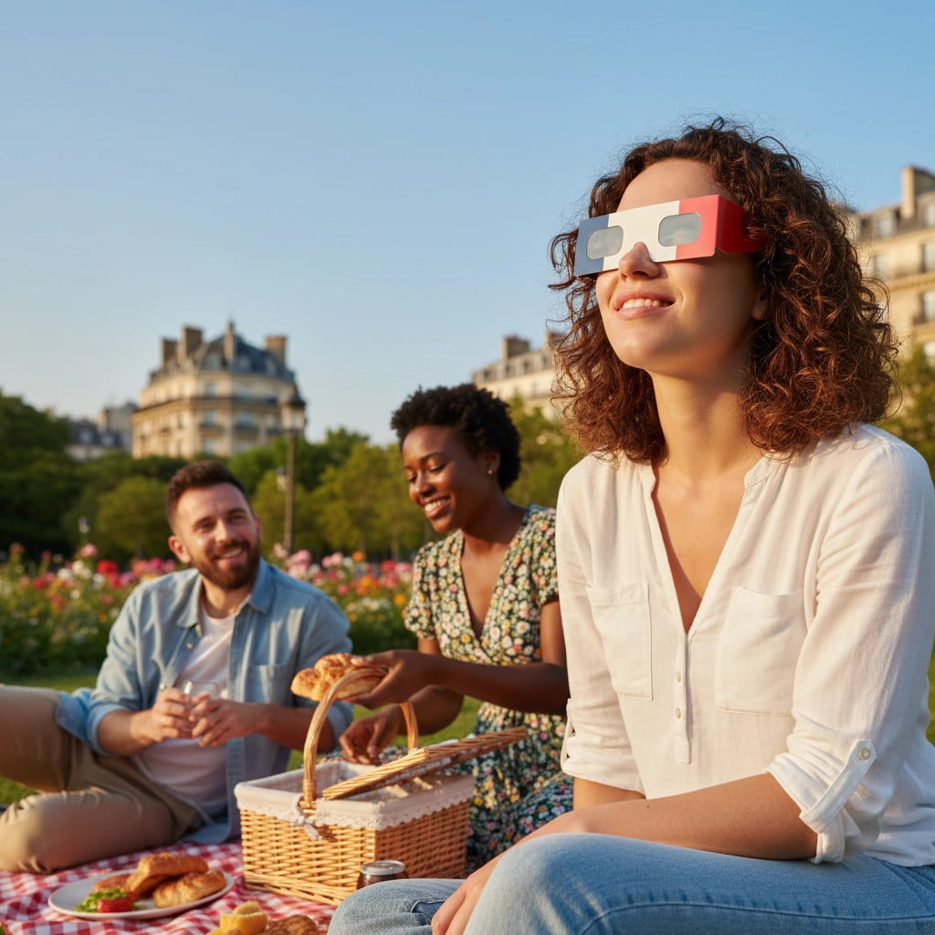 Friends enjoying a picnic in a Paris park while wearing FR eclipse glasses, sharing smiles and a moment of awe.