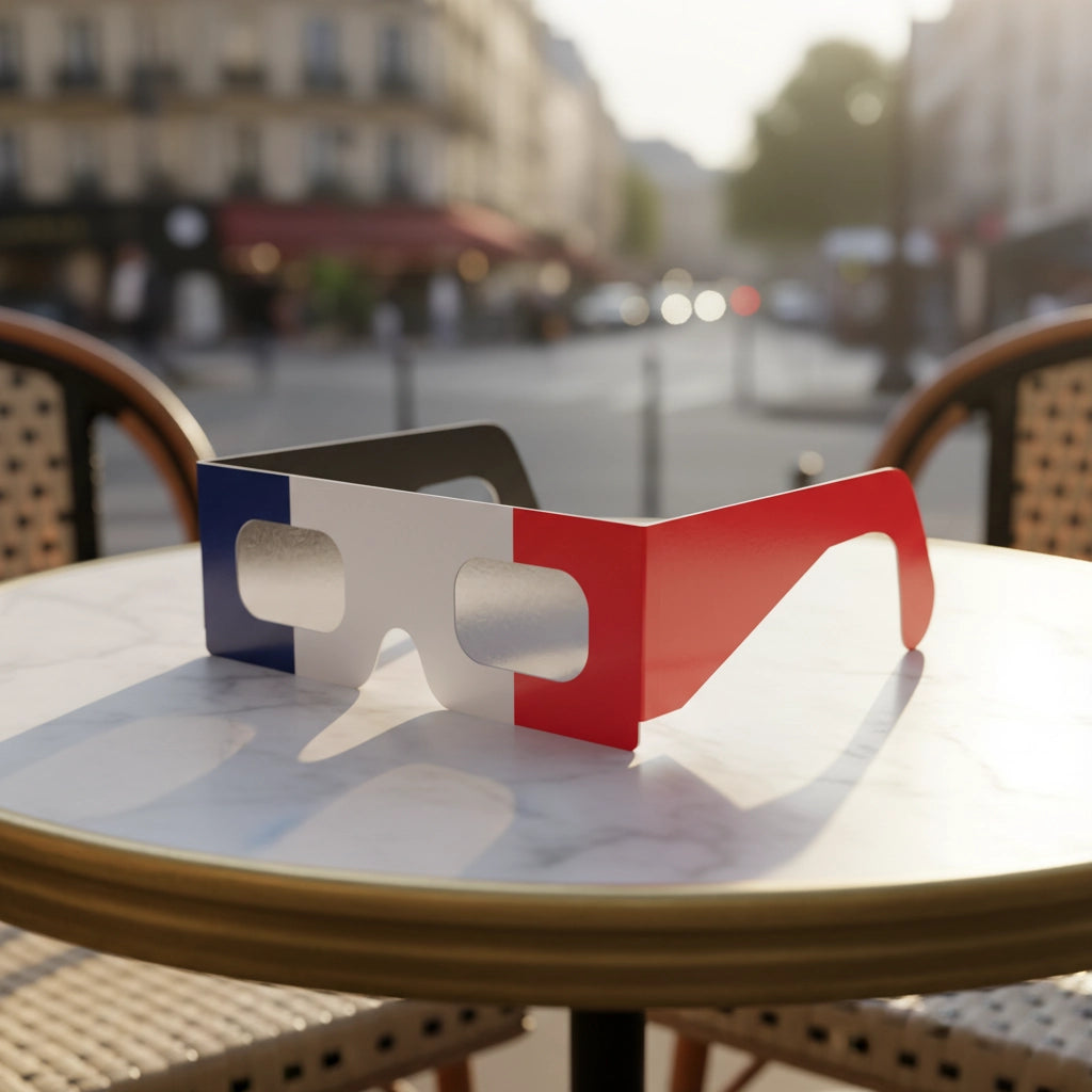 Elegant product photography of FR solar eclipse glasses on a marble Parisian table, CE certified for safe viewing.