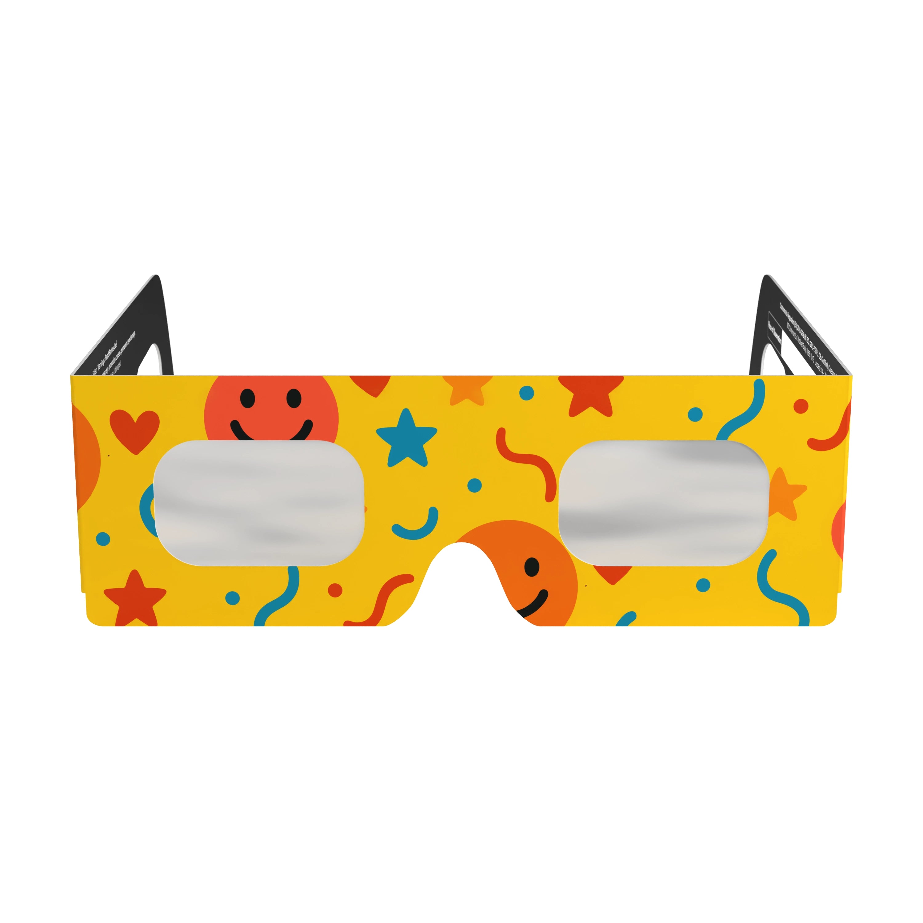 Front view of fun design solar eclipse glasses showcasing the colorful pattern. CE certified for safe viewing.