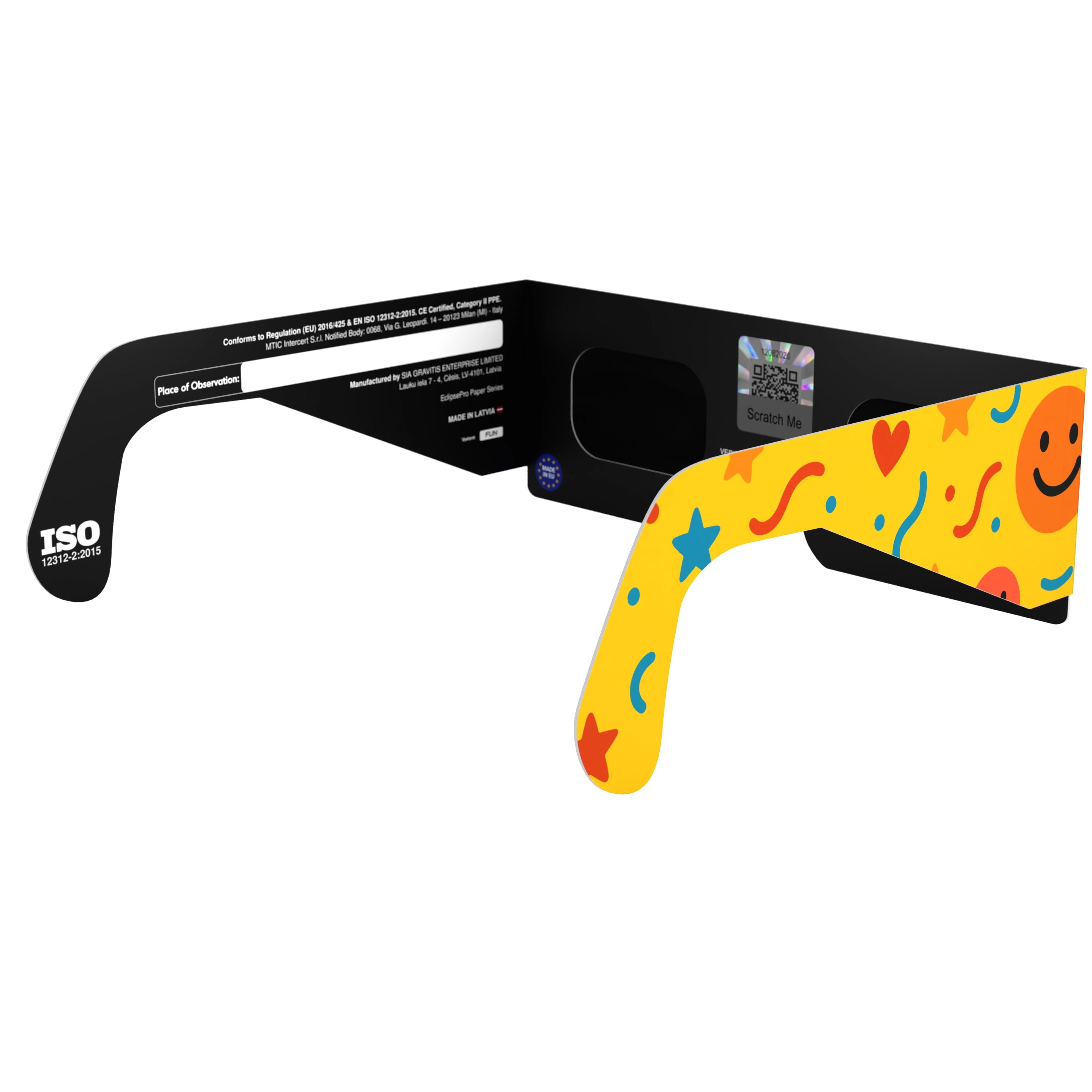 Back-side angle view of fun design solar eclipse glasses with visible QR sticker, highlighting safety certification.