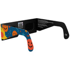 Back-side alternate angle of fun design solar eclipse glasses with QR sticker showing compliance for safety.