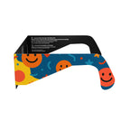 Side alternate profile view of fun design solar eclipse glasses, showcasing their colorful design.