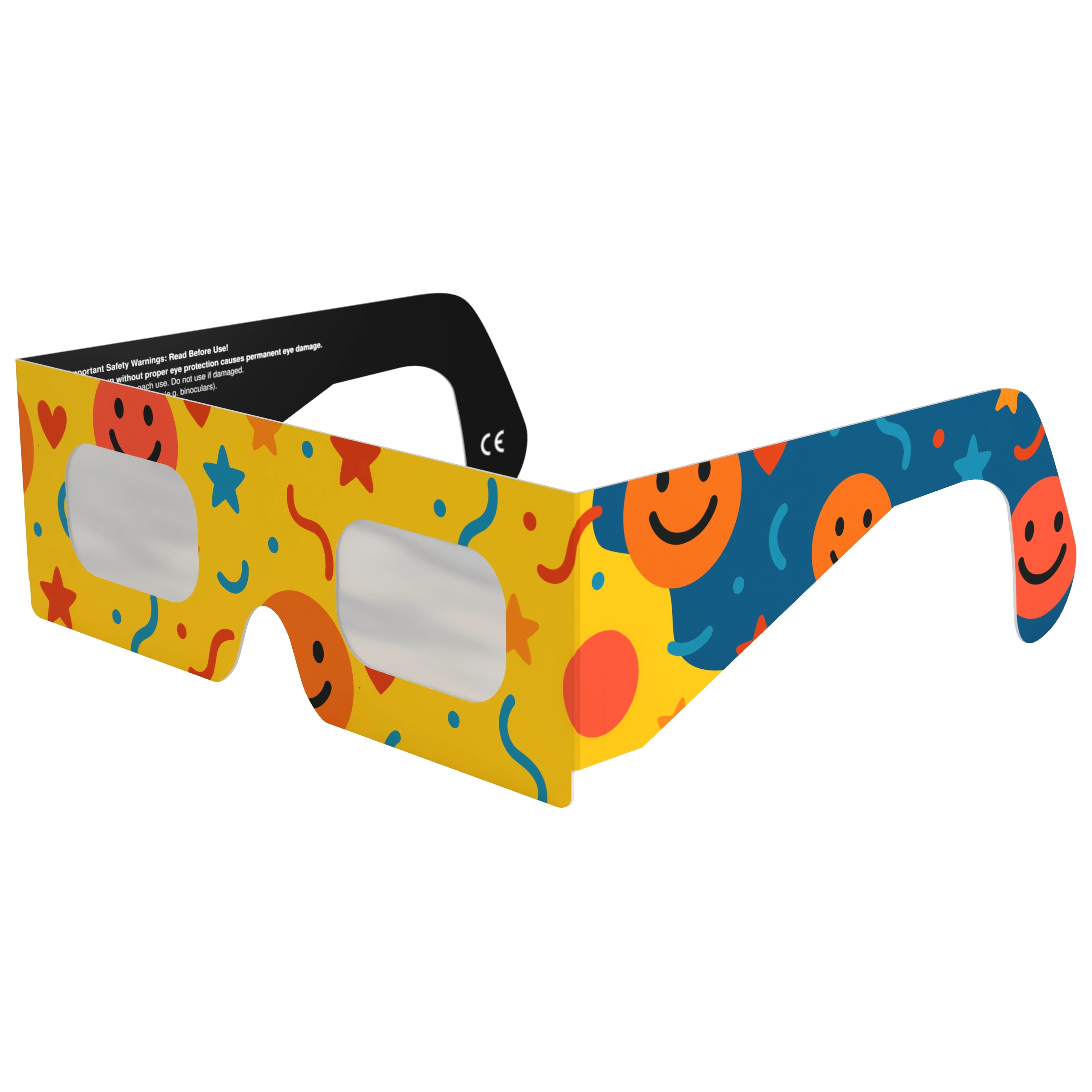 Front-side main angle view of fun design solar eclipse glasses, highlighting the joyful colors.