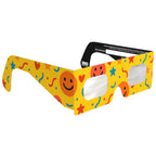 45-degree angle view of fun design solar eclipse glasses highlighting the playful colors and patterns, ISO 12312-2 certified.