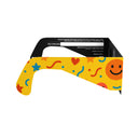 Side profile view of fun design solar eclipse glasses, featuring their cheerful colors.