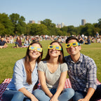 Candid shot of three friends in a park wearing solar eclipse glasses, all gazing at the sky with joy, perfect for the safe viewing experience on August 12, 2026.