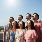 Diverse group of friends at a rooftop party wearing solar eclipse glasses, all gazing upward in awe, perfect for safe viewing on August 12, 2026.