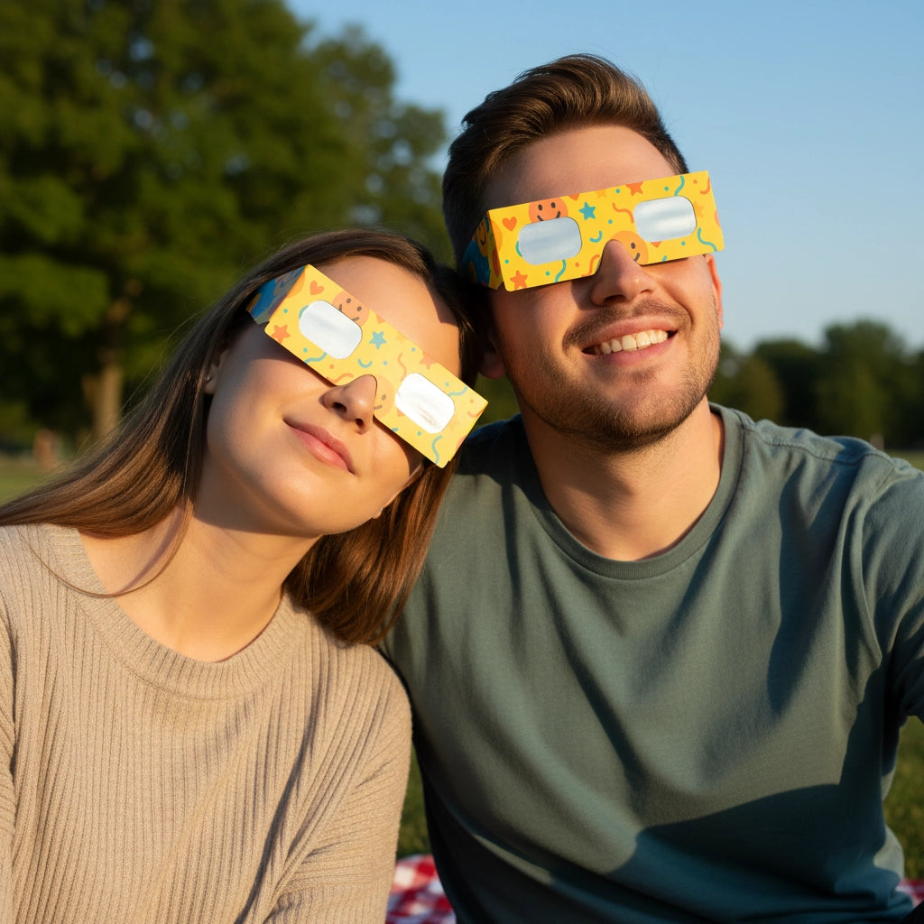 A couple wearing solar eclipse glasses in a sunny park, sharing a moment of wonder together. Ideal for safe viewing on August 12, 2026.