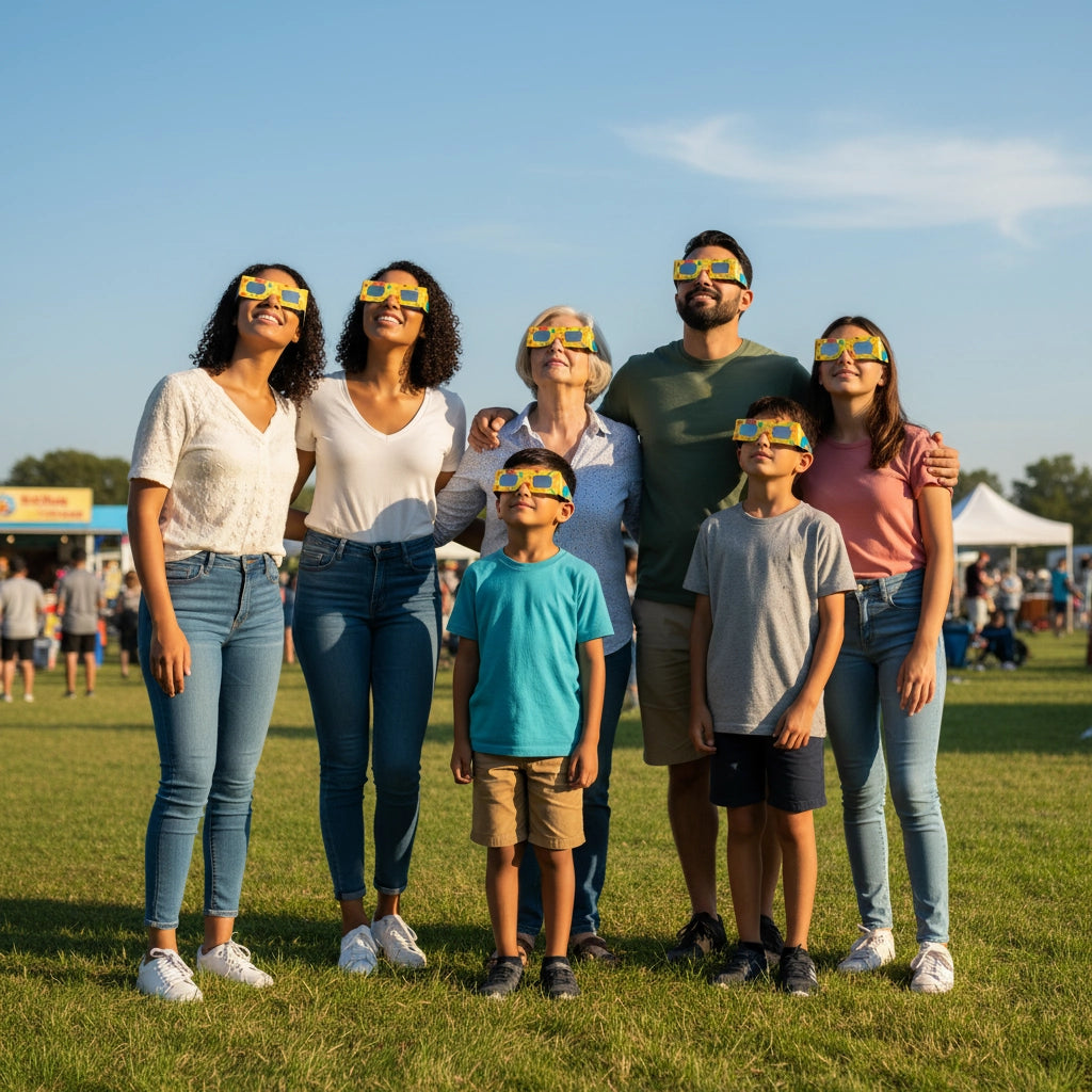 Family and friends in a sunny park festival wearing solar eclipse glasses, all looking up at the sky, ready for the August 12, 2026 event.