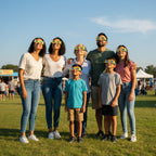 Family and friends in a sunny park festival wearing solar eclipse glasses, all looking up at the sky, ready for the August 12, 2026 event.