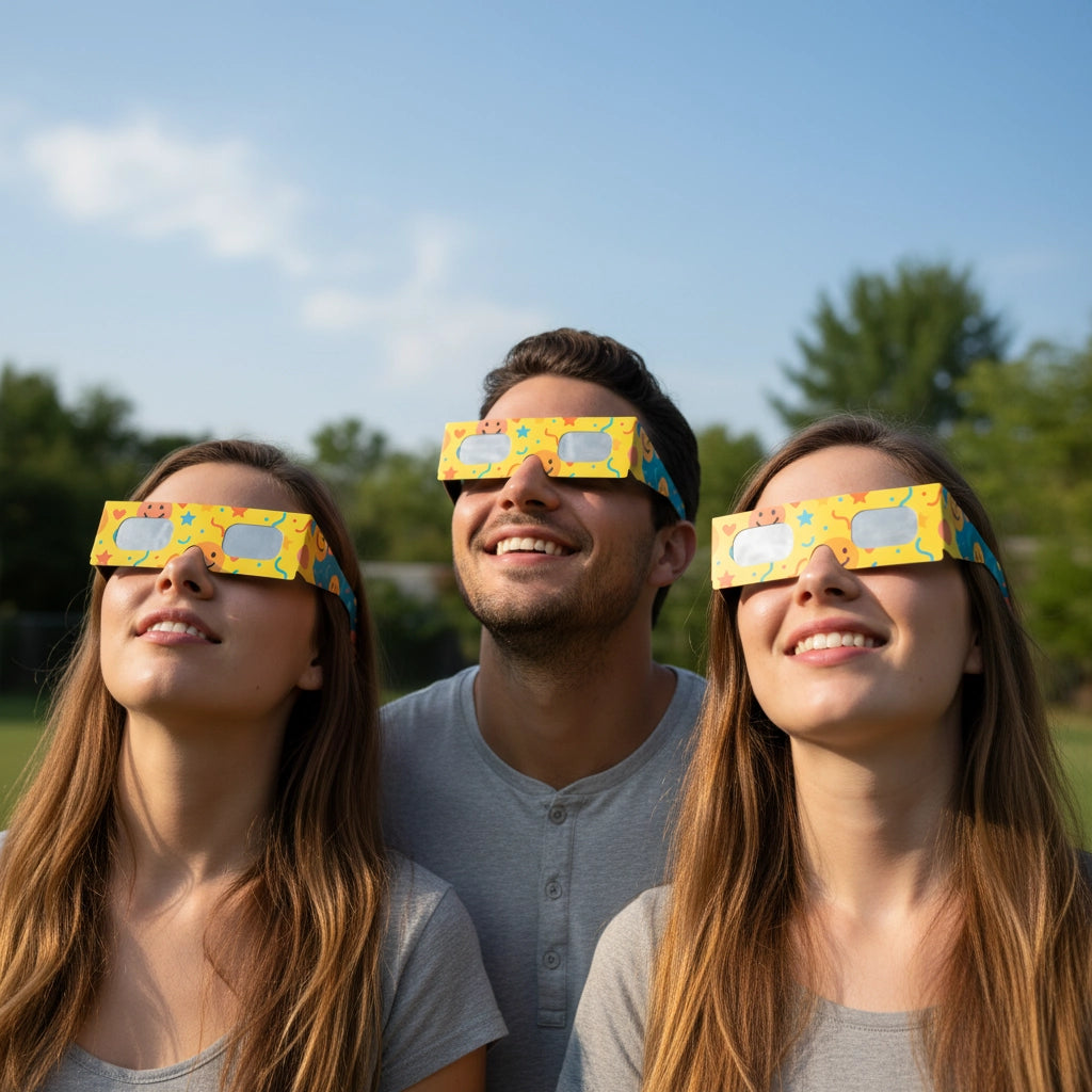 Three friends wearing colorful solar eclipse glasses, looking up at the sky in a cheerful backyard setting. Perfect for the August 12, 2026 eclipse.