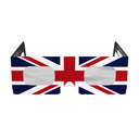 Front view of GB solar eclipse glasses, highlighting the flat design and CE certification.