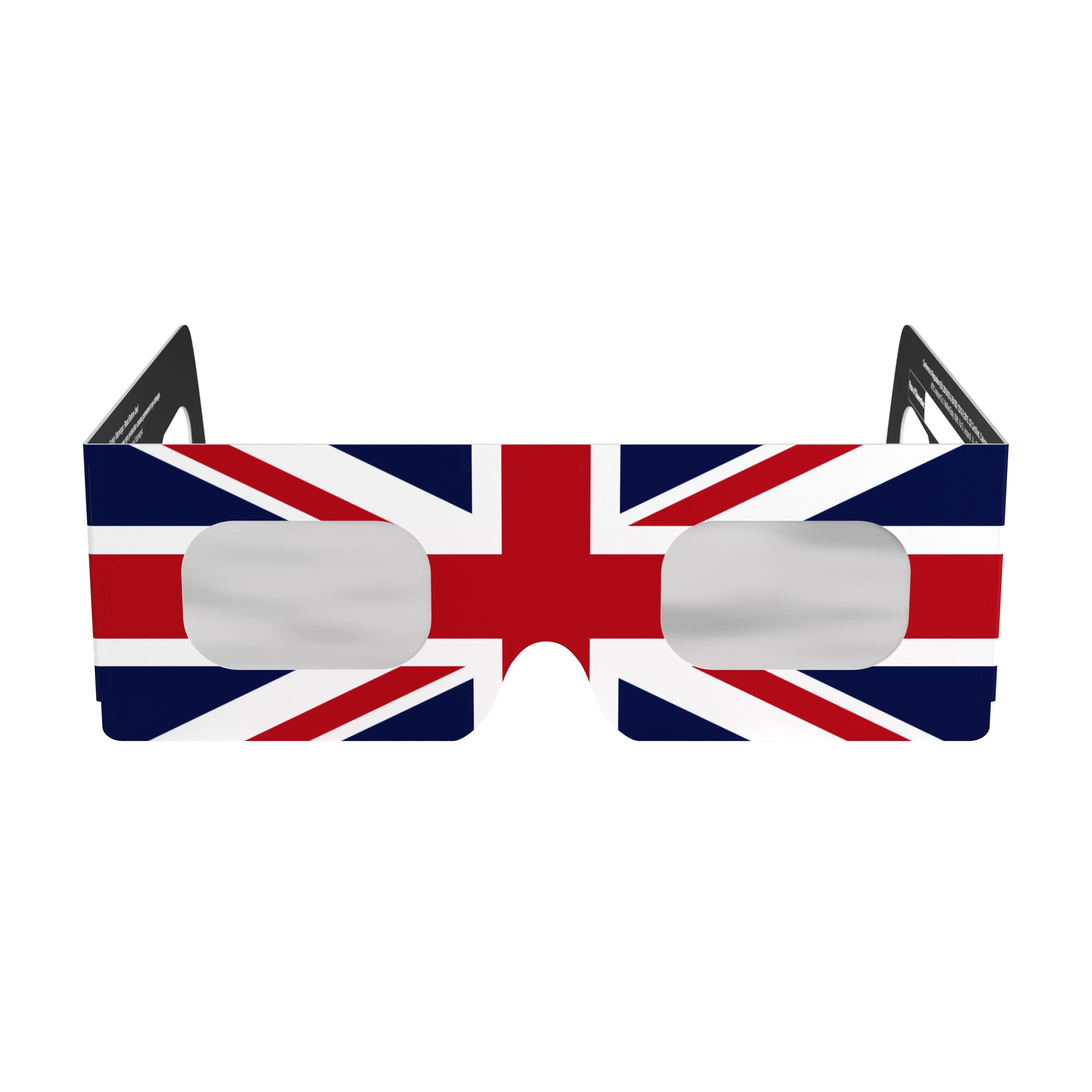 Front view of GB solar eclipse glasses, highlighting the flat design and CE certification.
