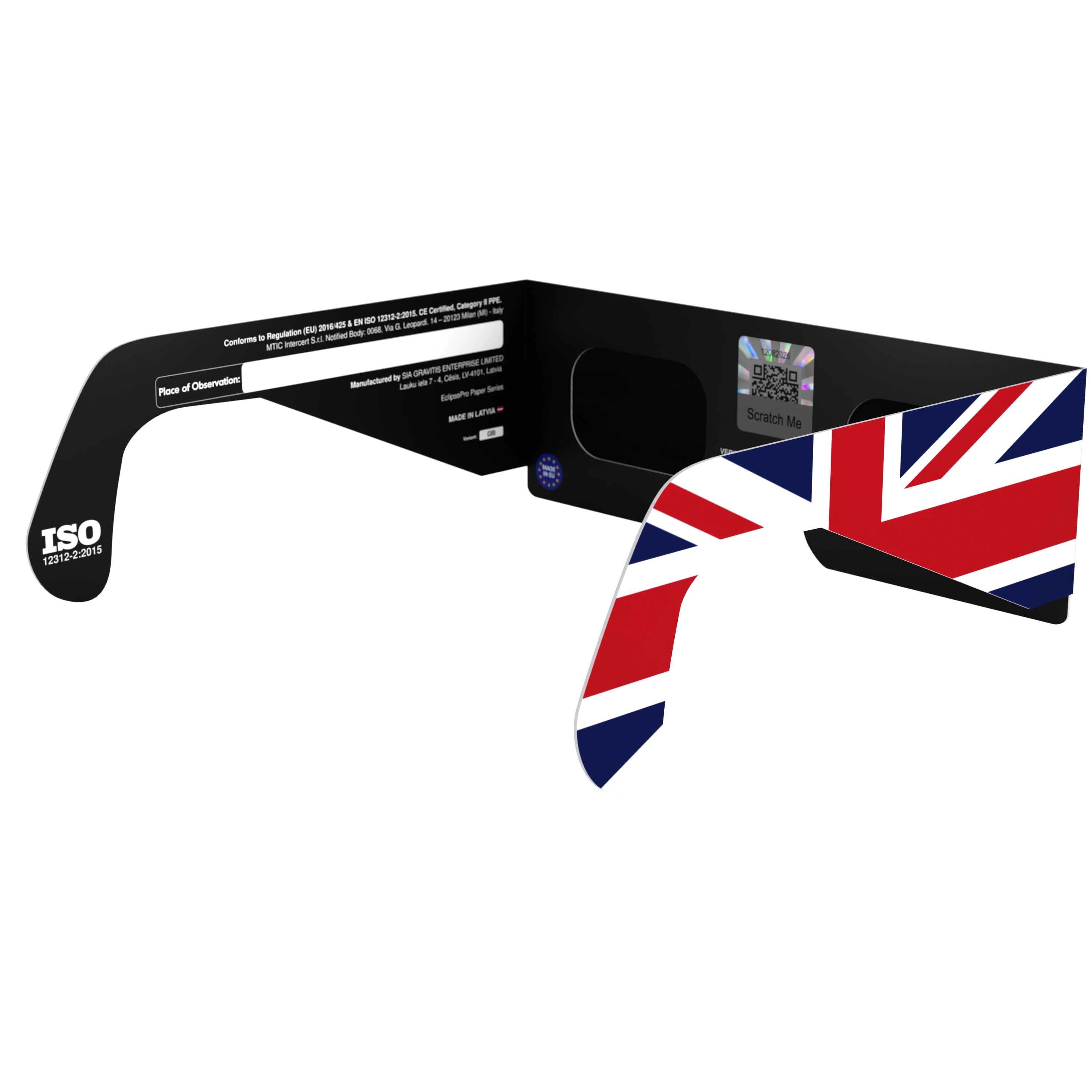 Back-side angle view of GB glasses, revealing QR authenticity sticker and flat lens design.