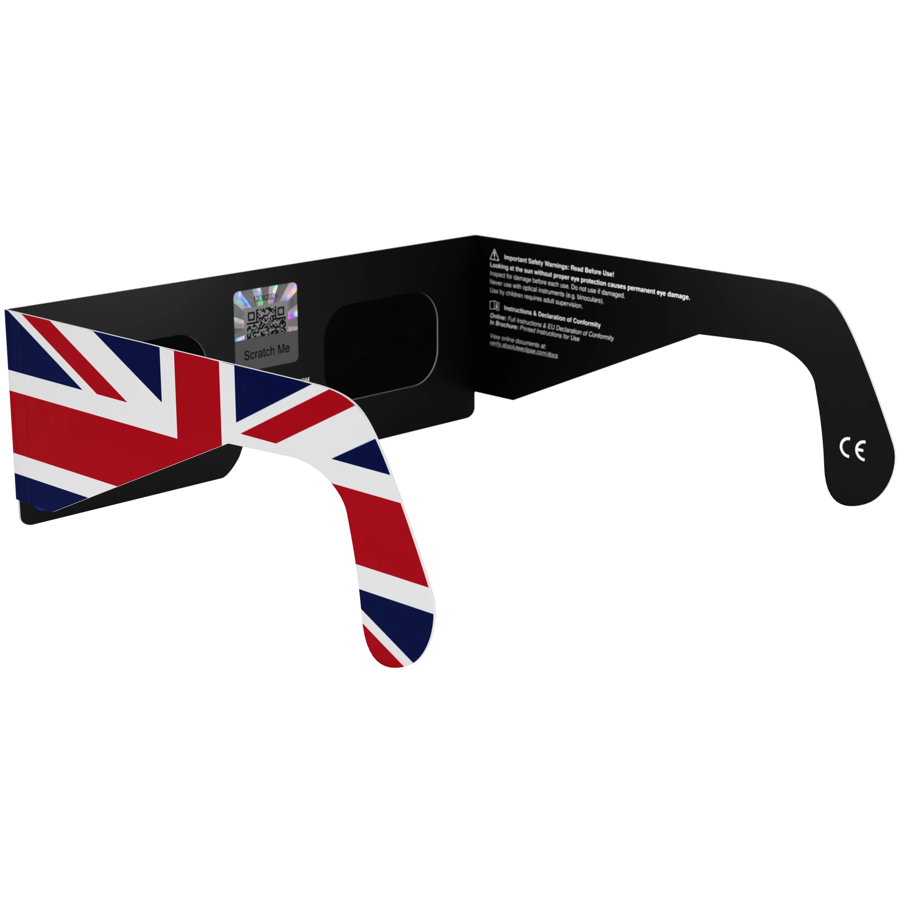 Back-side angle view of GB solar eclipse glasses, featuring a QR sticker and emphasizing safety compliance.